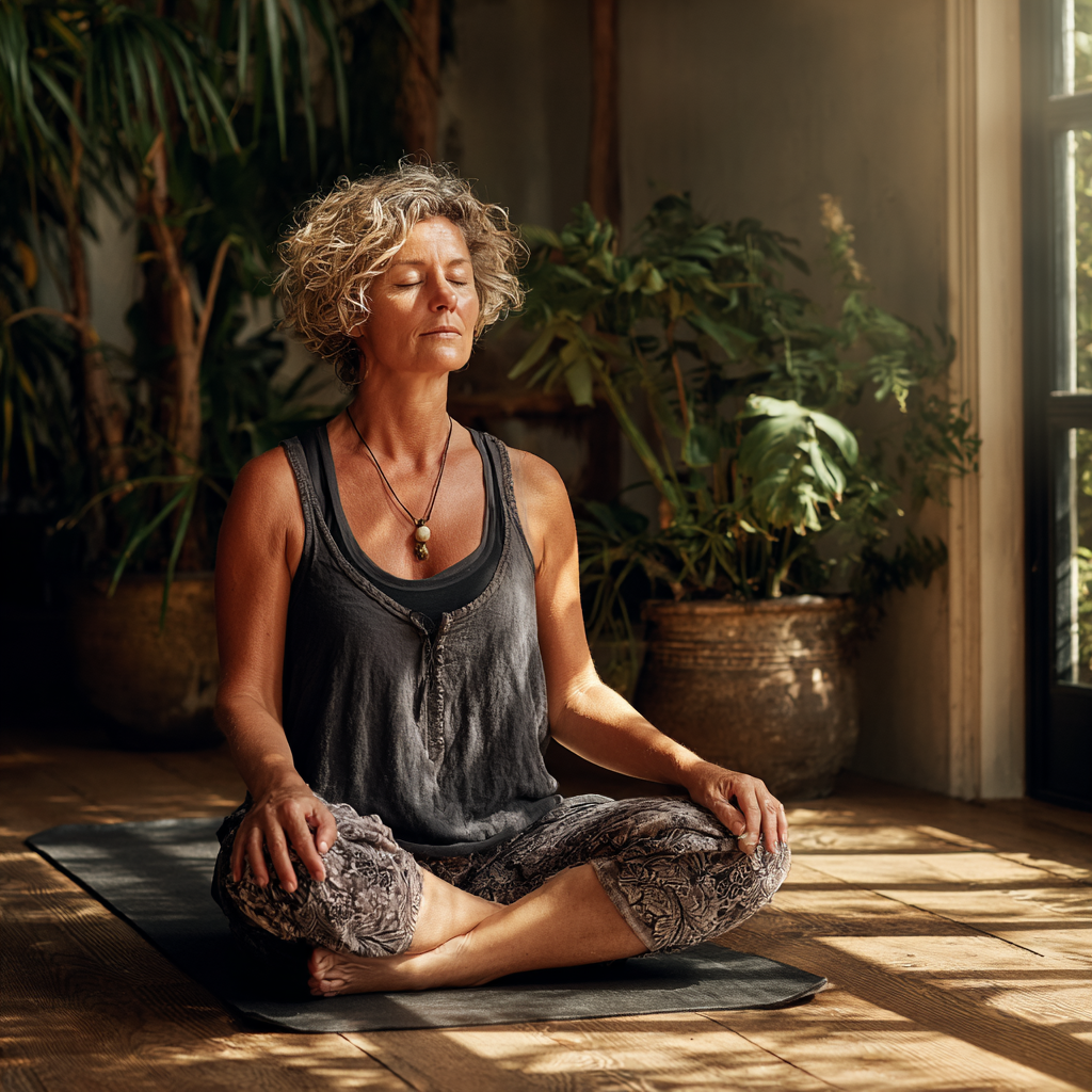 Middle-aged woman in her 50s practicing yoga in a serene studio setting with natural lighting and plants