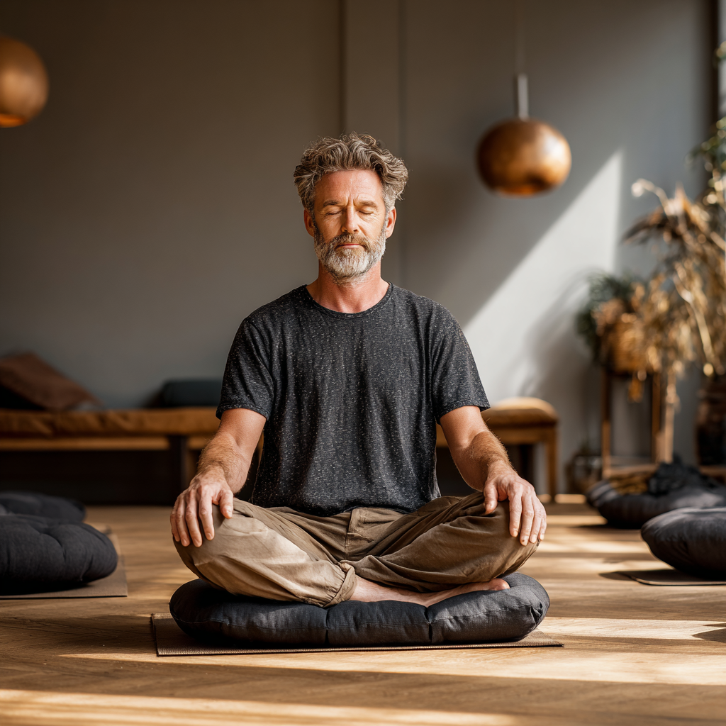 Peaceful meditation session with a 45-year-old man sitting in lotus position in a tranquil yoga studio